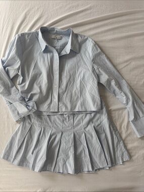 Wayf Light Blue Two-Piece Skirt Set - Pleated Skirt & Cropped Button Shirt